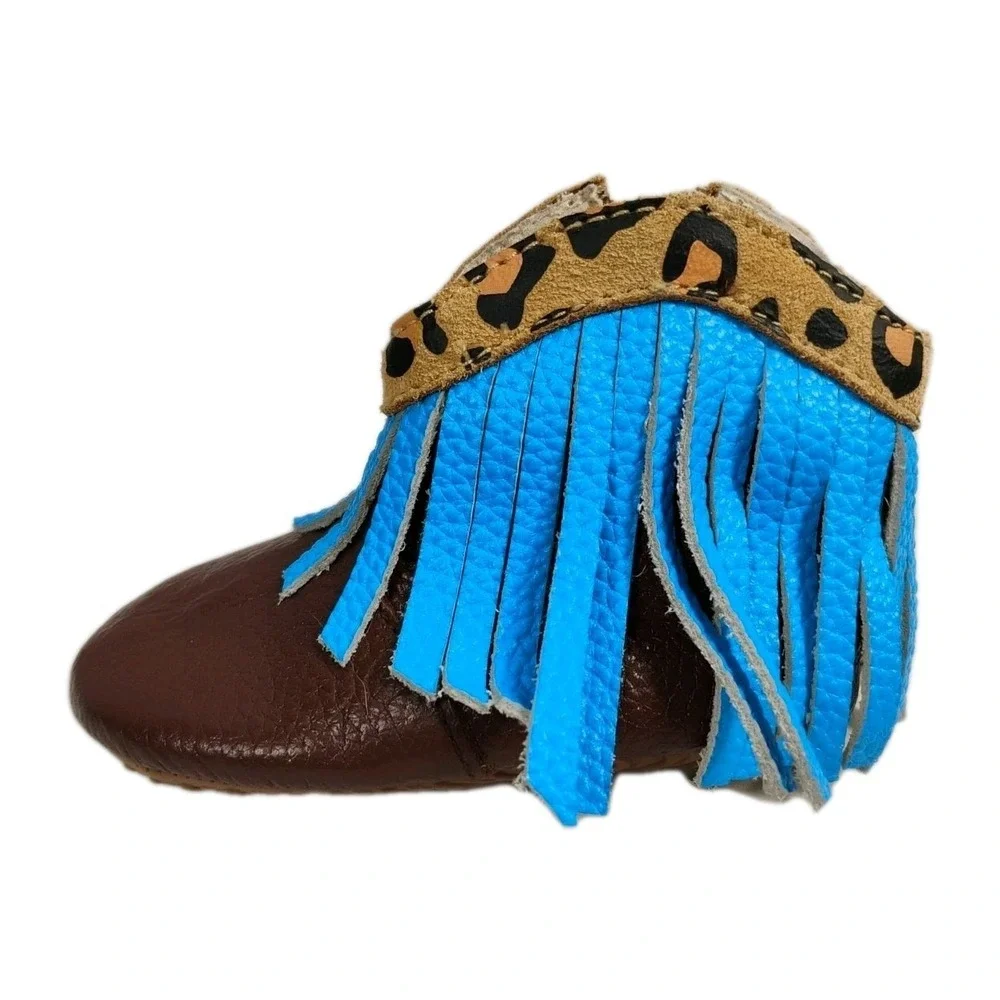 Little Toe Co. Girls 6-12m‎ Leopard Print Blue Fringe Brown Infant Shoes Boots
